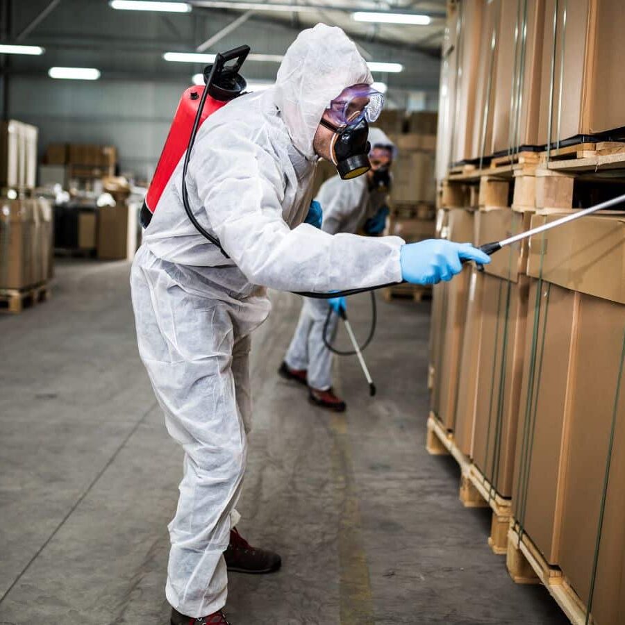 Technician from CURA Termite & Pest Control applying pest control treatment at a commercial property in Orange, CA.